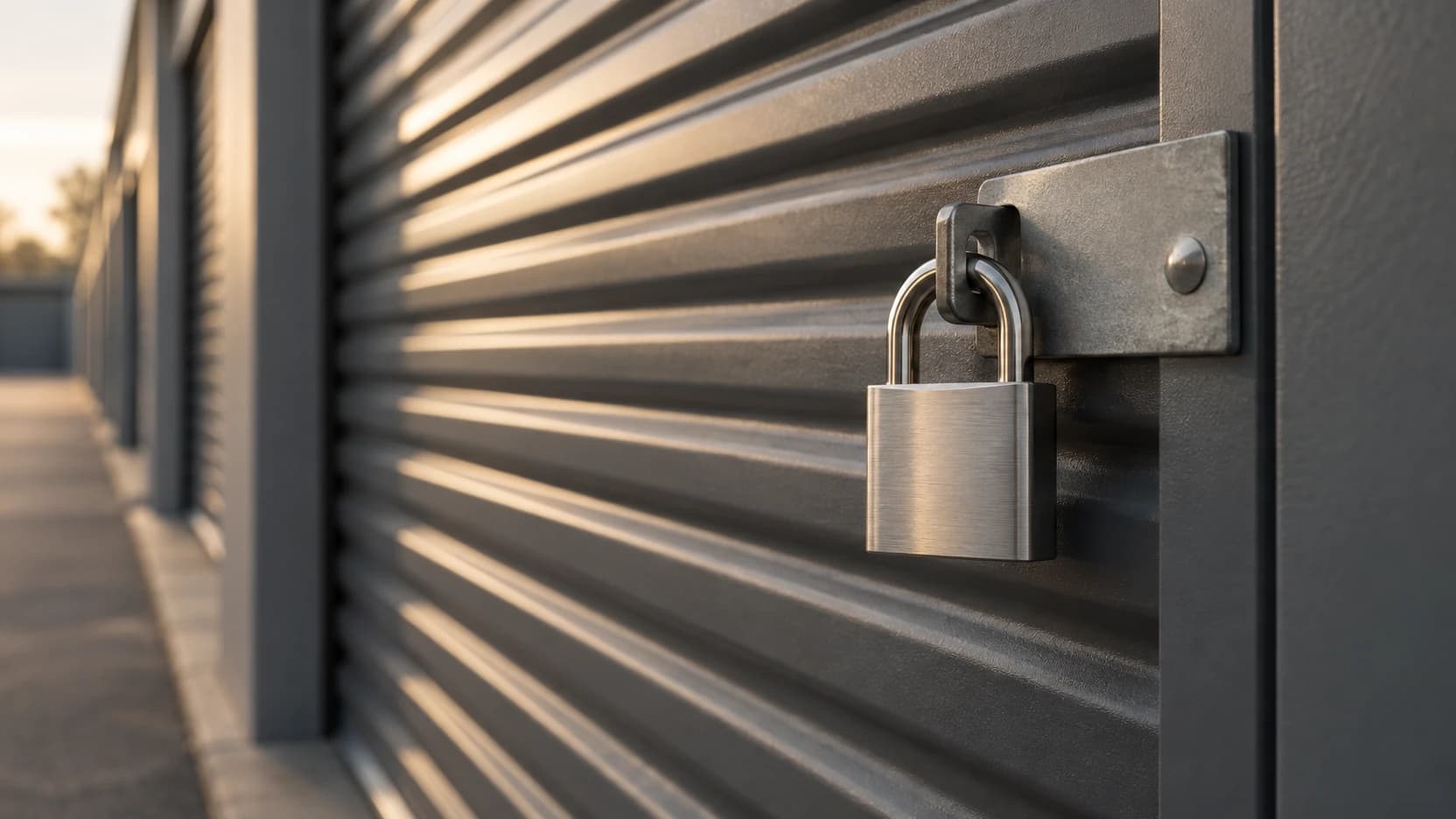 Padlock through the hasp of a charcoal storage unit roller door